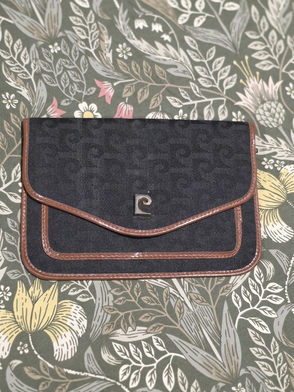 Pierre Cardin Small Black Canvas Clutch with Brown Trim and Logo